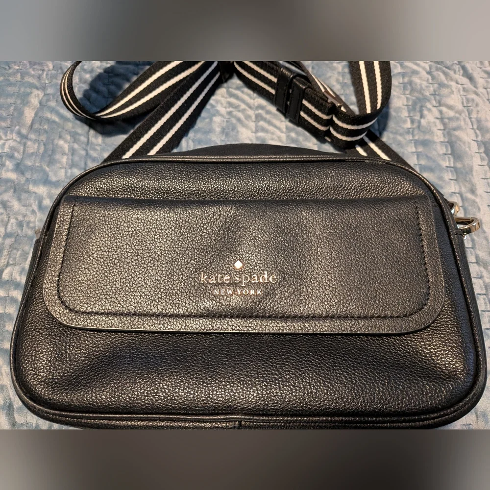 Kate Spade Black Leather Crossbody with Striped Strap - Picture 2 of 6